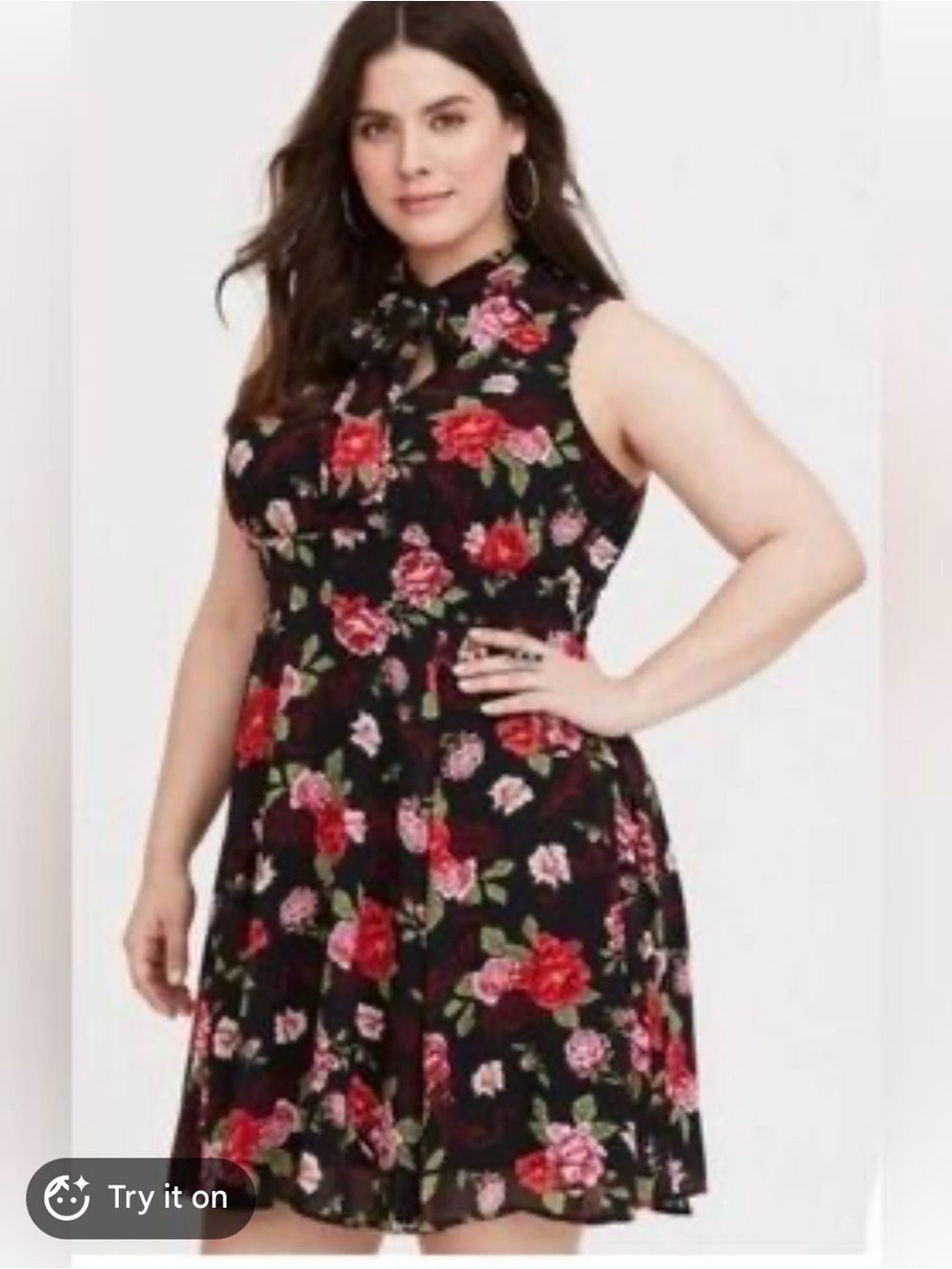 torrid Black Floral Sleeveless Tie-Neck Mini Dress